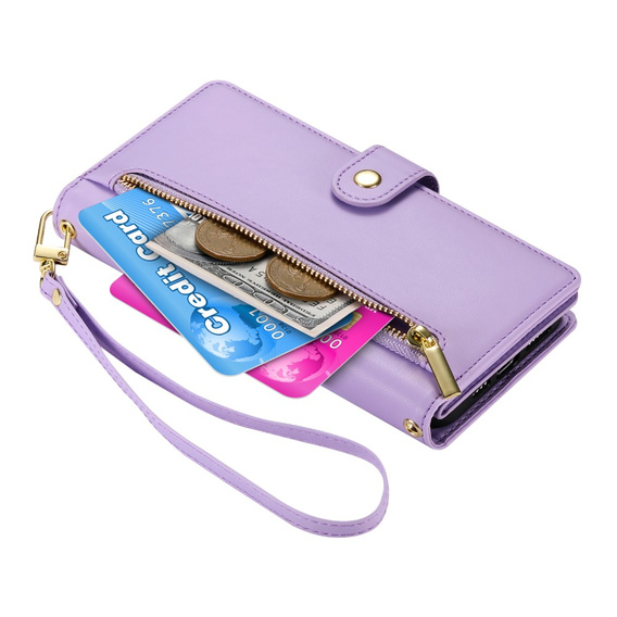 Θήκη με πτερύγιο για Samsung Galaxy S25, Wallet Zipper Pocket, μωβ