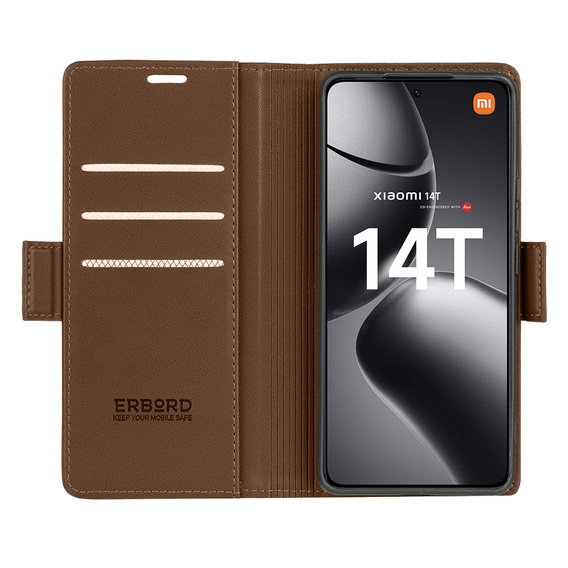 Θήκη για Xiaomi 14T, ERBORD Glossy Litchi, πορτοφόλι με πτερύγιο, καφέ