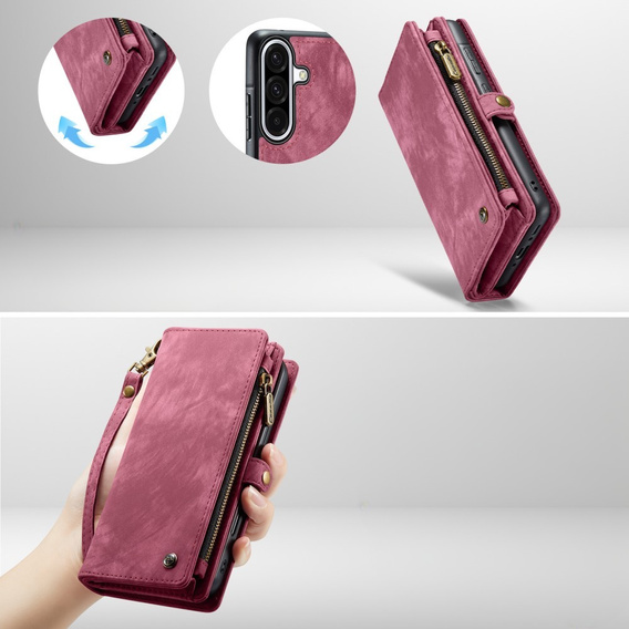 CASEME θήκη για Samsung Galaxy A56 5G, Retro Leather Wallet, με λουράκι, κόκκινη