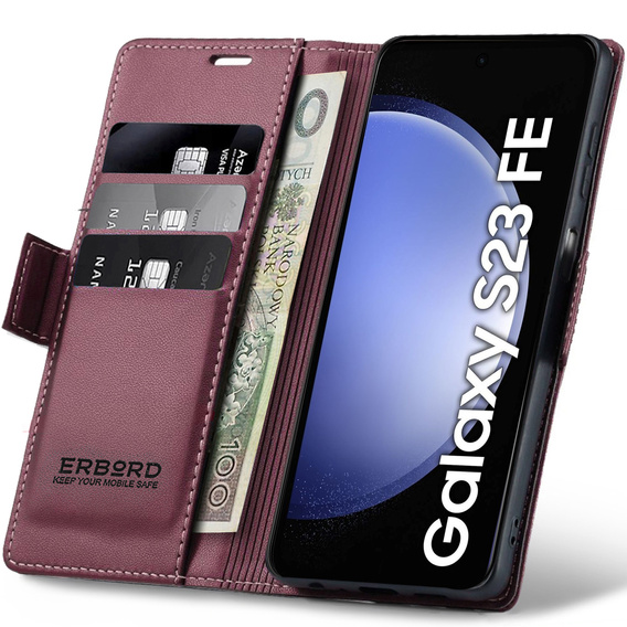 Θήκη για Samsung Galaxy S23 FE, ERBORD Glossy Litchi, πορτοφόλι με πτερύγιο, κόκκινη