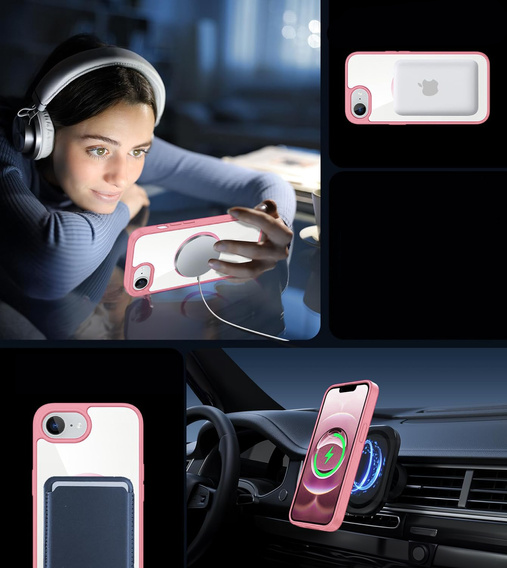 Μαγνητική θήκη για iPhone 16E, MagSafe, ροζ + σκληρυμένο γυαλί 9H