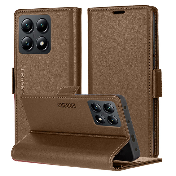 Θήκη για Xiaomi 14T, ERBORD Glossy Litchi, πορτοφόλι με πτερύγιο, καφέ