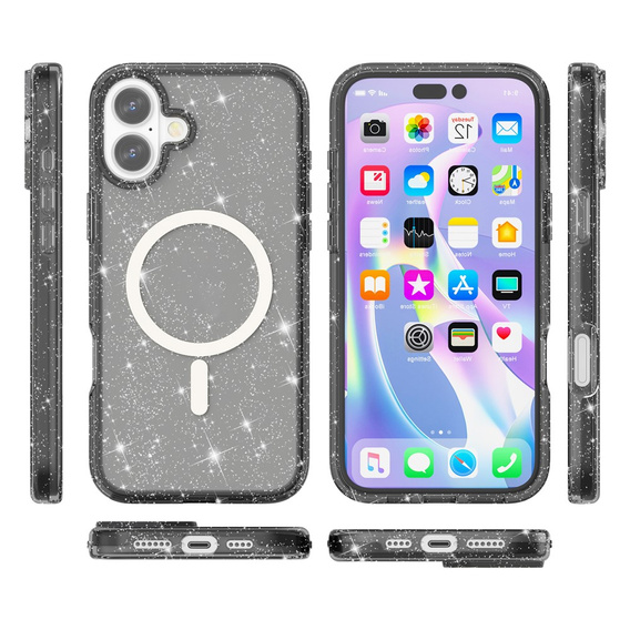 Θήκη για iPhone 17, για MagSafe, glitter, ημιδιαφανές μαύρο