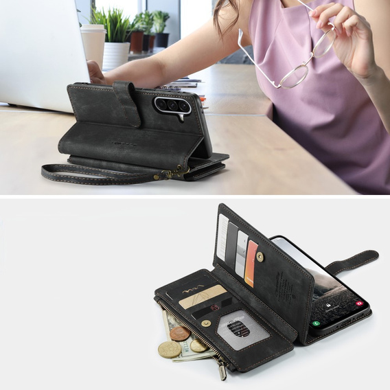 Η θήκη CASEME για Samsung Galaxy A56 5G, Leather Wallet Cash and Card Slots, με λουράκι, μαύρη