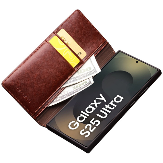 θήκη flip για Samsung Galaxy S25 Ultra, QIALINO Leather Wallet, σκούρο καφέ
