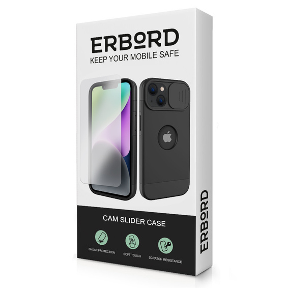 Θήκη ERBORD MagSafe Cam Slider, μαύρη + γυαλί για την οθόνη για iPhone 13 / iPhone 14