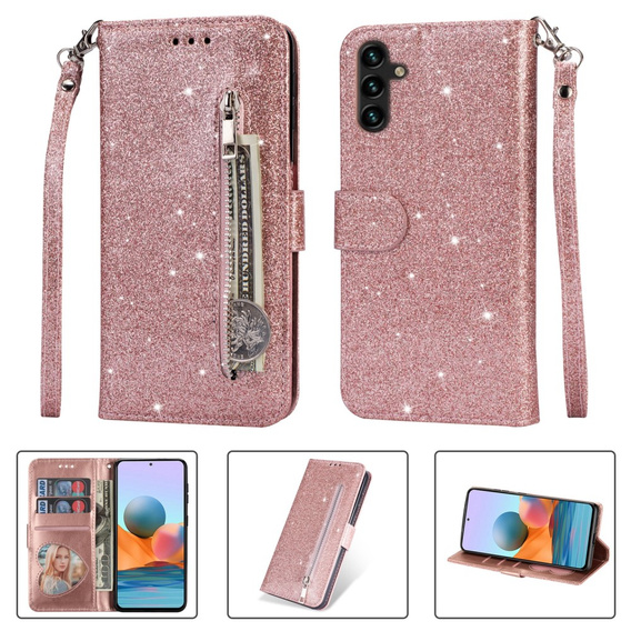 Θήκη με πτερύγιο για Samsung Galaxy A35 5G, Wallet Zipper Pocket Glittery, ροζ rose gold