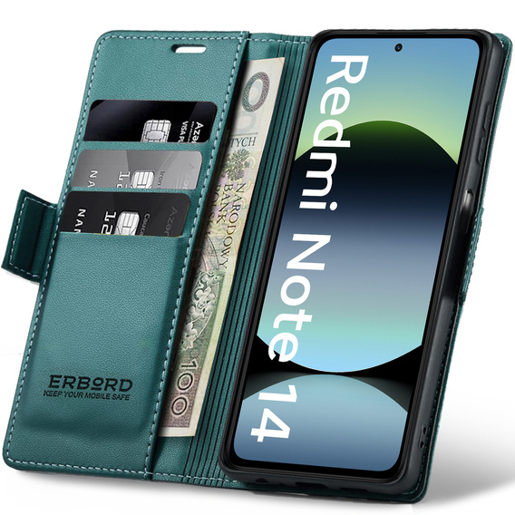 Θήκη για Xiaomi Redmi Note 14 5G, ERBORD Glossy Litchi, πορτοφόλι με πτερύγιο, πράσινη