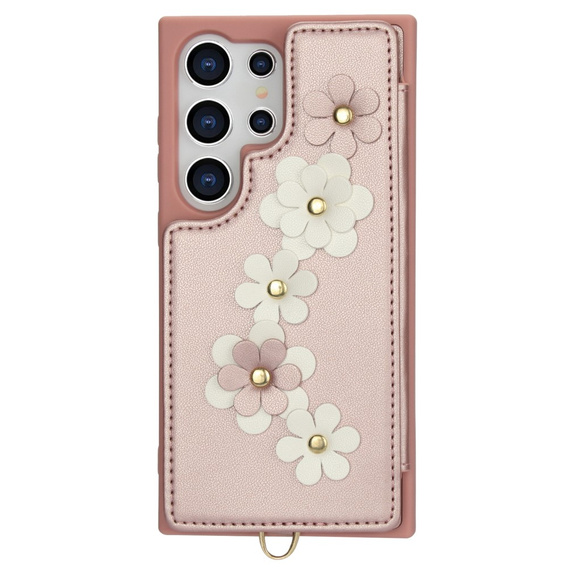 θήκη για Samsung Galaxy S24 Ultra, Leather Flower Card Slot, ροζ
