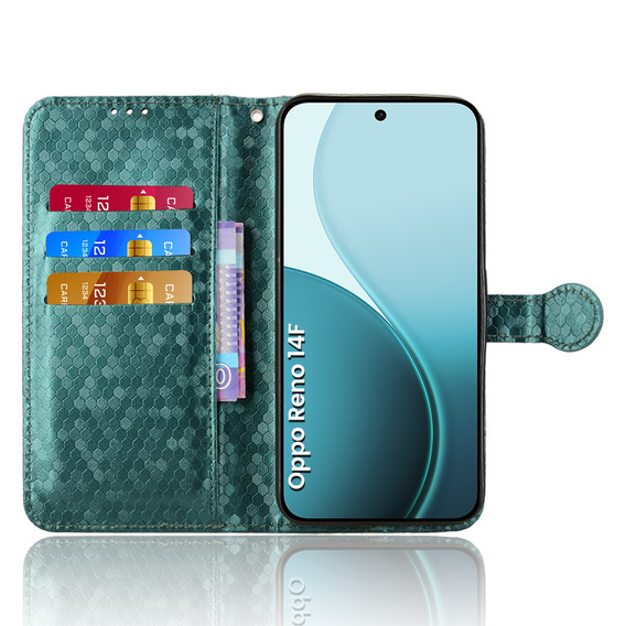 Θήκη με πτερύγιο για Oppo Reno 14F, πορτοφόλι Rhombus, πράσινο