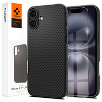 θήκη Spigen για iPhone 16, Liquid Air, μαύρη + μετριασμένο γυαλί 9H