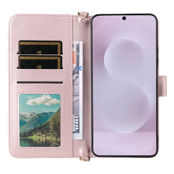 Θήκη με πτερύγιο για Samsung Galaxy S25 Edge, Crossbody Leather Wallet, ροζ